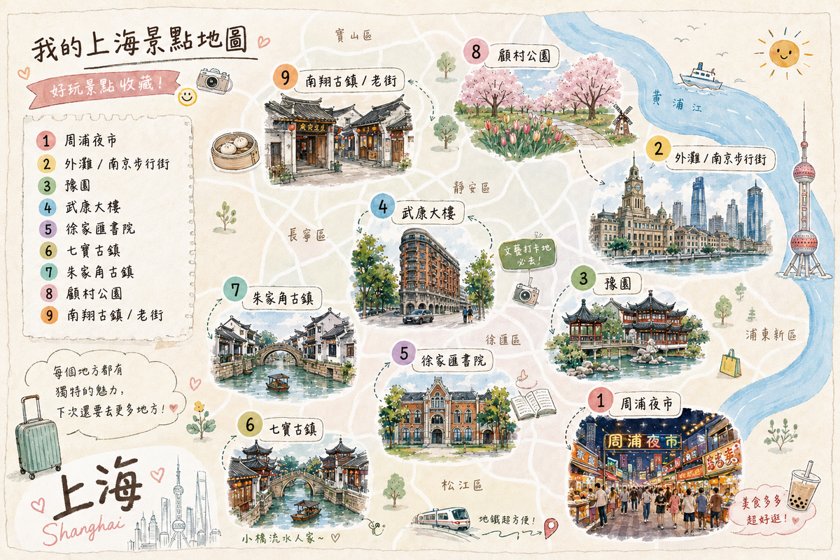 上海景點推薦!9 大必遊景點,一次玩遍現代繁華與古鎮風情 - 第2張圖 上海景點地圖