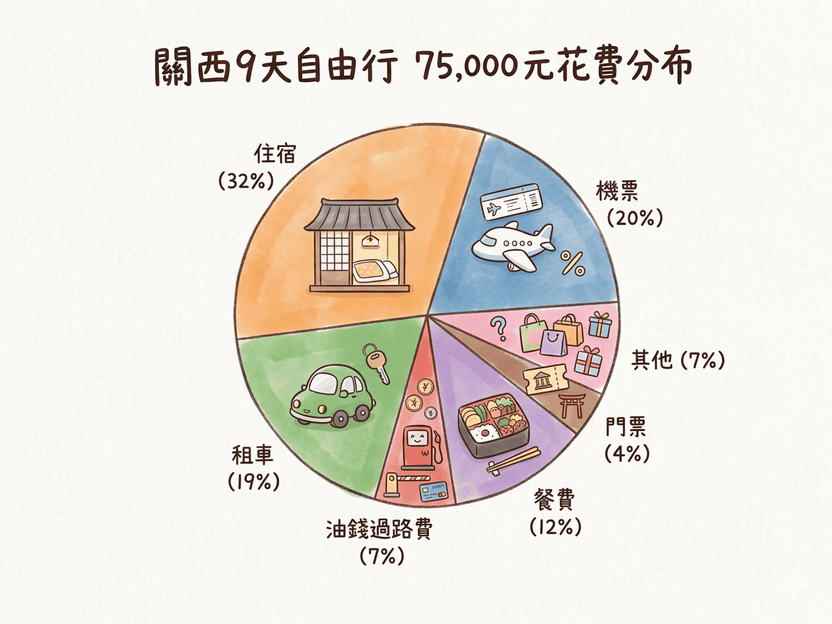 關西自由行花費75,000元值得嗎?9天自駕旅費全解析 - 第2張圖 關西自由行9天花費總整理
