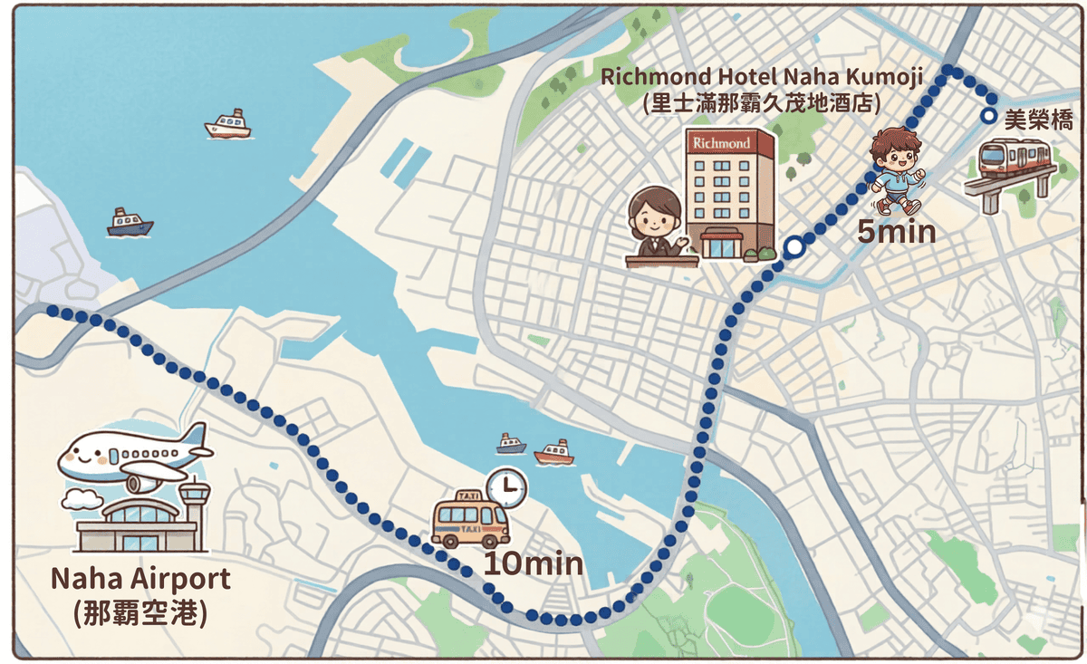 從機場、美榮橋站前往里士滿那霸久茂地酒店的時間與路線