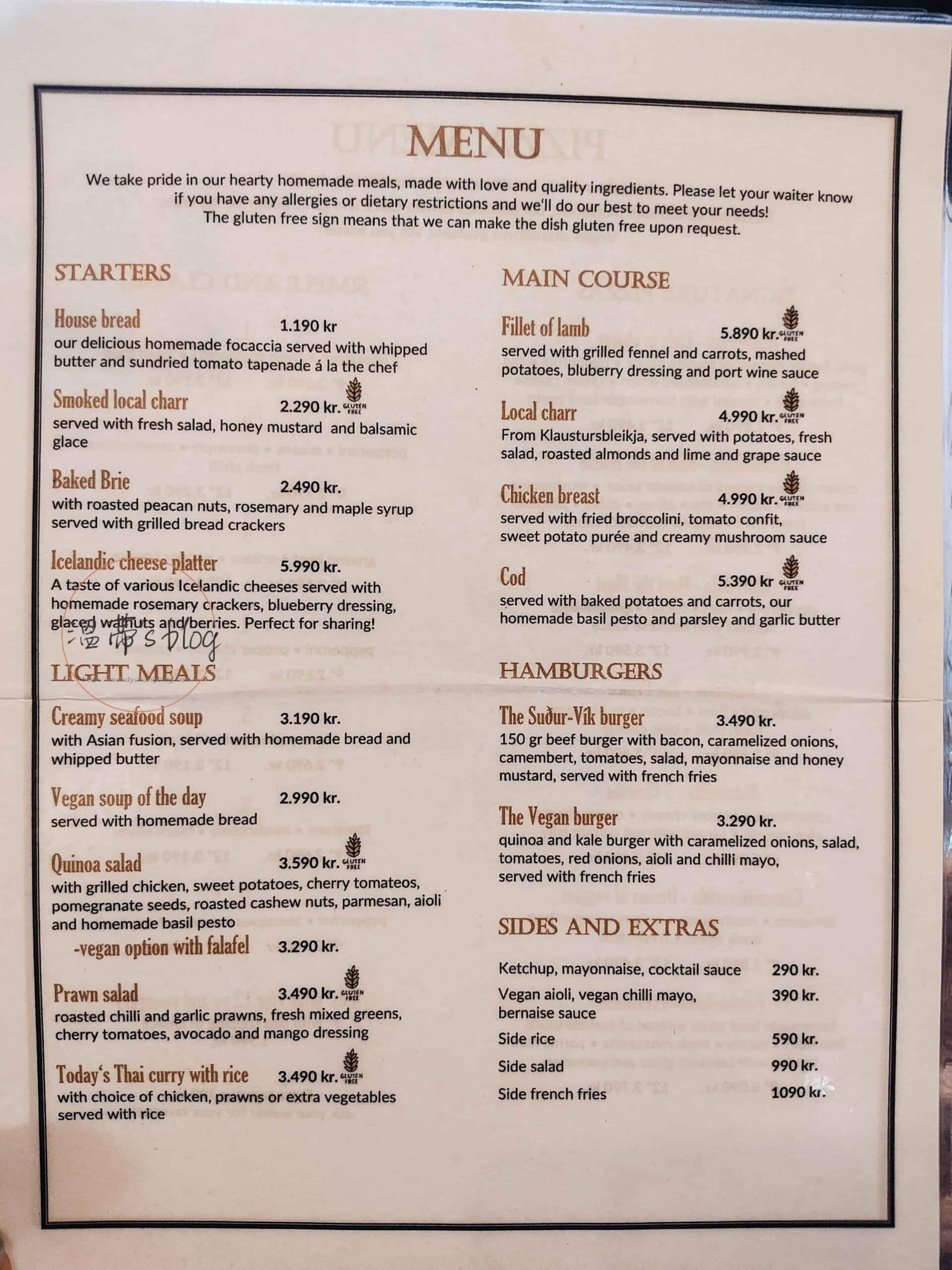 Restaurant Suður-Vík menu